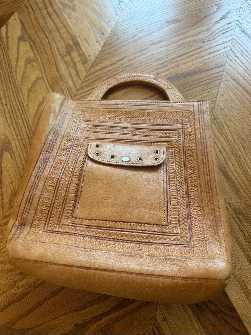 Vintage Embossed Genuine Leather Tote Bag Tan Boho Artisan